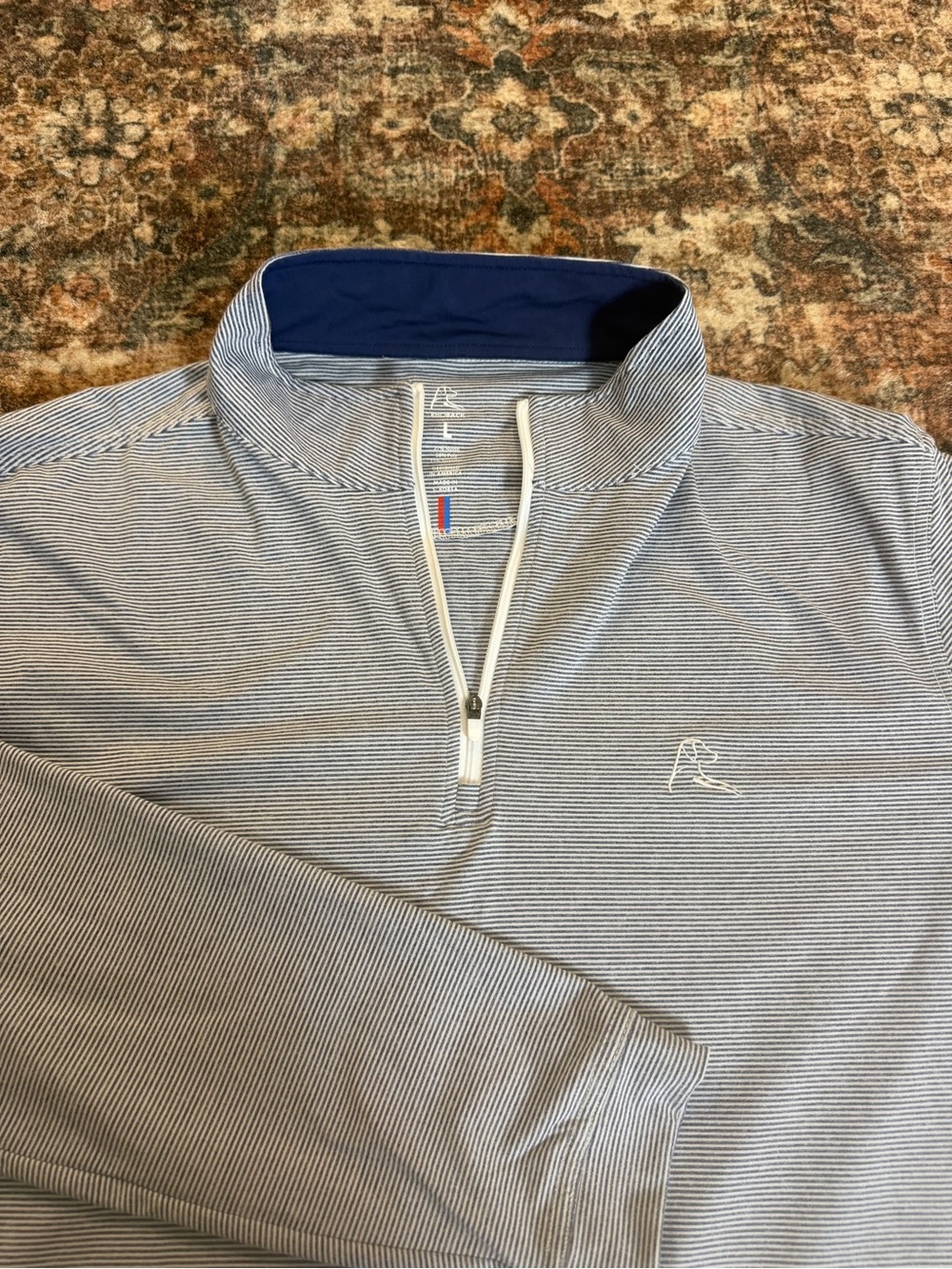Rhoback Men's L Blue/White Striped 1/4 Zip Long Sleeve Golf Polo Logo